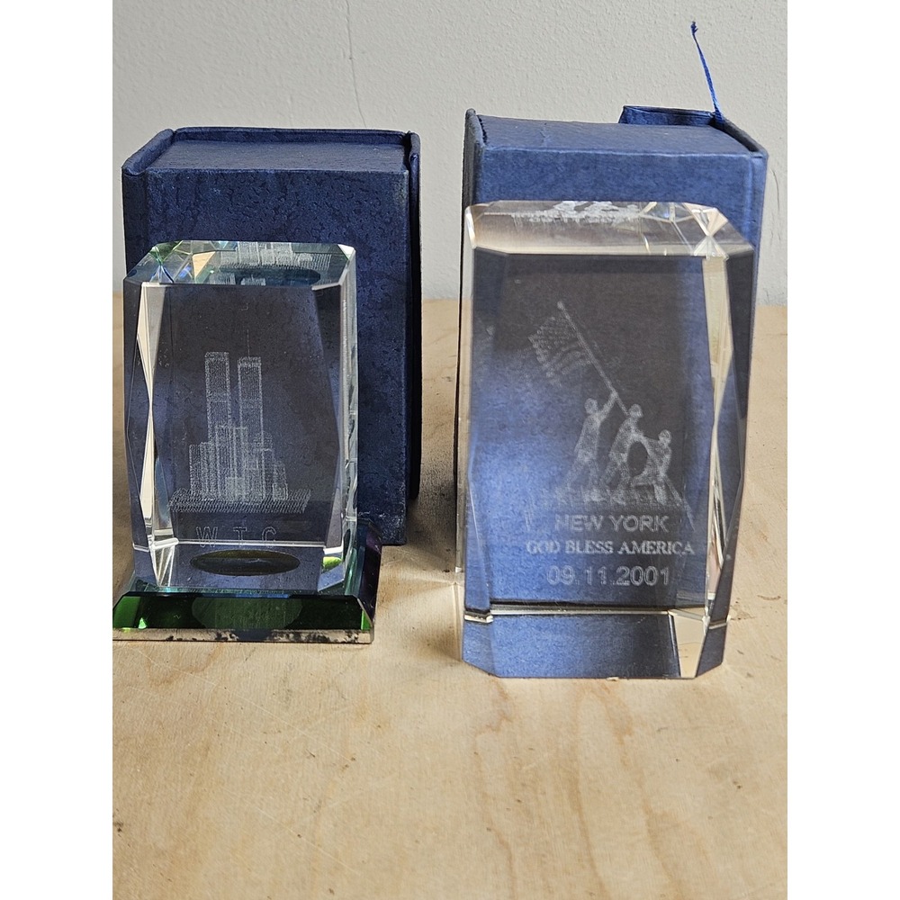 2pc 9/11 Memorial Crystal Glass WTC Twin Towers NYC God Bless America Boxed